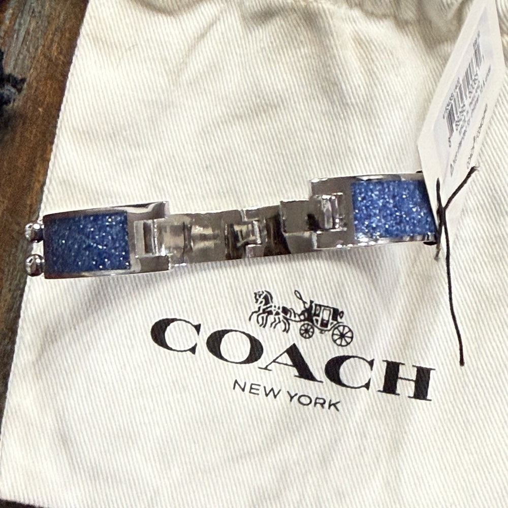 Coach Hinged Blue Glitter Enamel Bangle Bracelet Silver Tone NWT - Picture 5 of 7